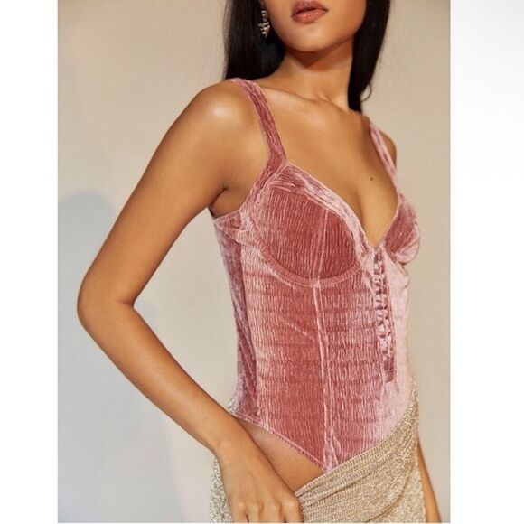 Urban Outfitters Out From Under Pink Crushed Velvet Bustier Bodysuit (Size:Small - Picture 1 of 16